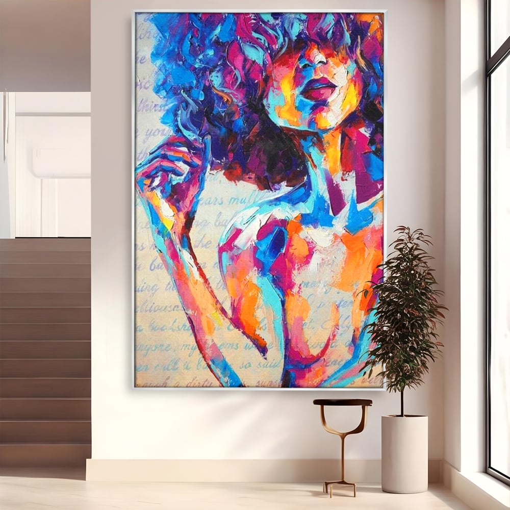 Tablou canvas cu tablou canvas cu portret artistic de femeie, in rama de aluminiu argintiu